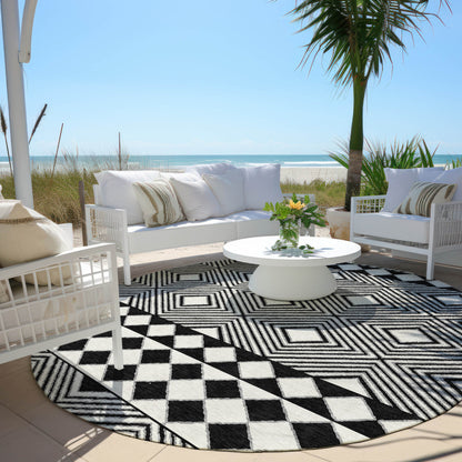 Tabselect Home Line 8' Black And Ivory Round Geometric Washable Indoor Outdoor Area Rug