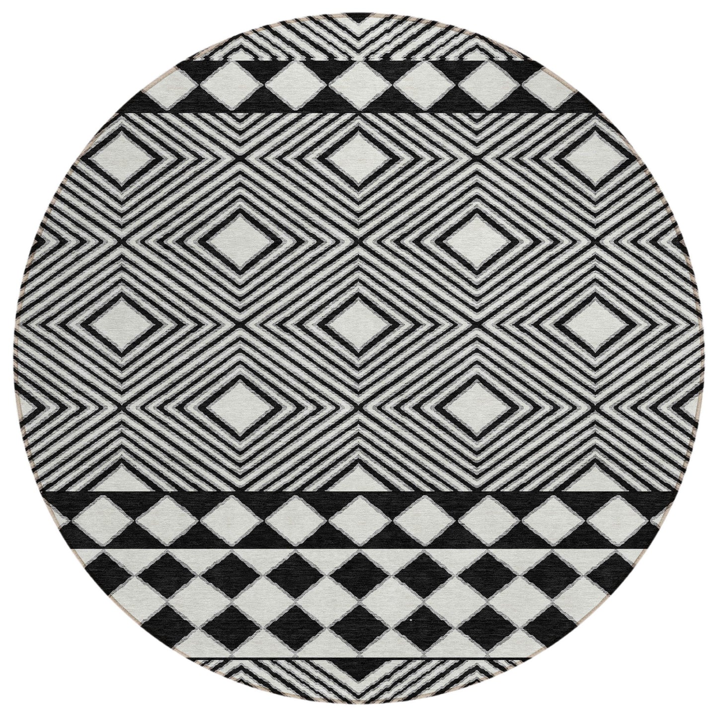 Tabselect Home Line 8' Black And Ivory Round Geometric Washable Indoor Outdoor Area Rug