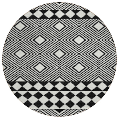 Tabselect Home Line 8' Black And Ivory Round Geometric Washable Indoor Outdoor Area Rug