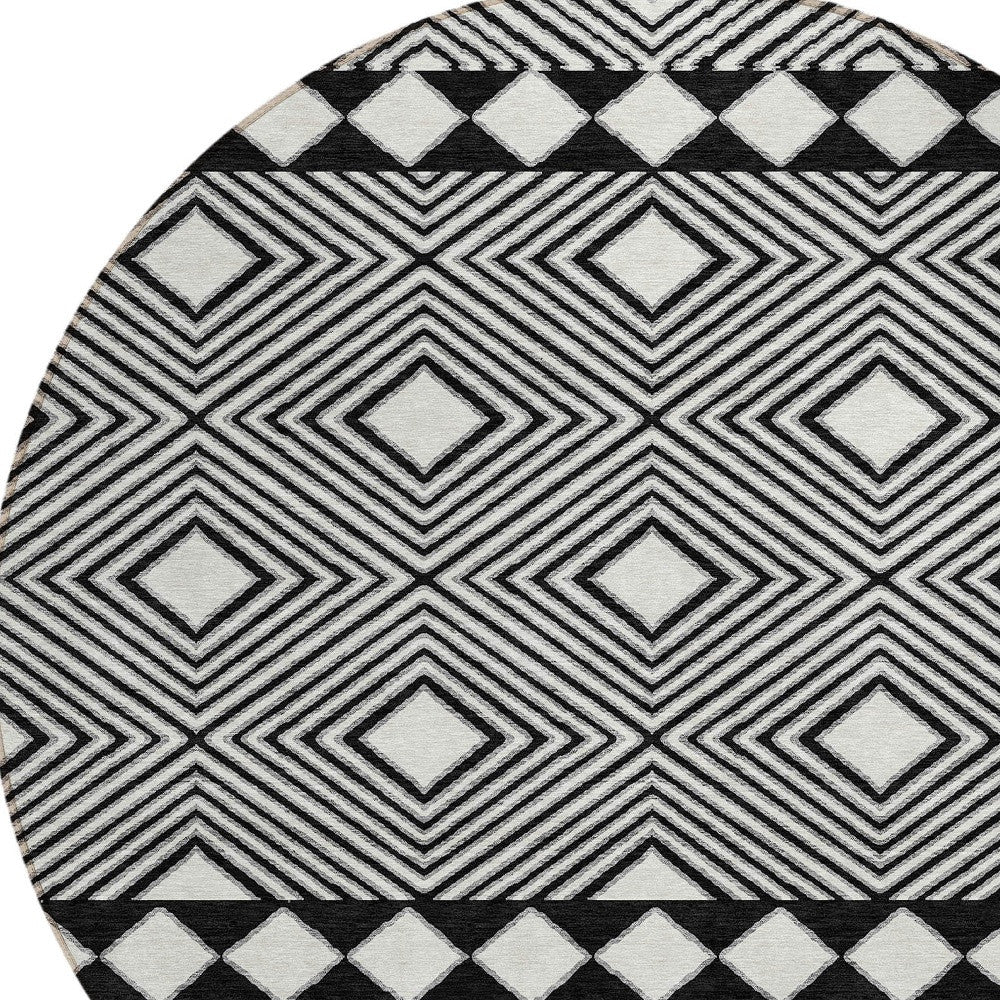 Tabselect Home Line 8' Black And Ivory Round Geometric Washable Indoor Outdoor Area Rug