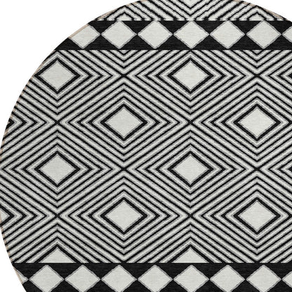 Tabselect Home Line 8' Black And Ivory Round Geometric Washable Indoor Outdoor Area Rug