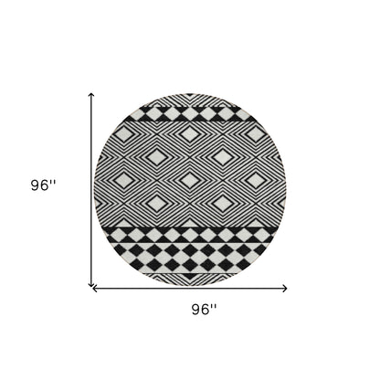 Tabselect Home Line 8' Black And Ivory Round Geometric Washable Indoor Outdoor Area Rug