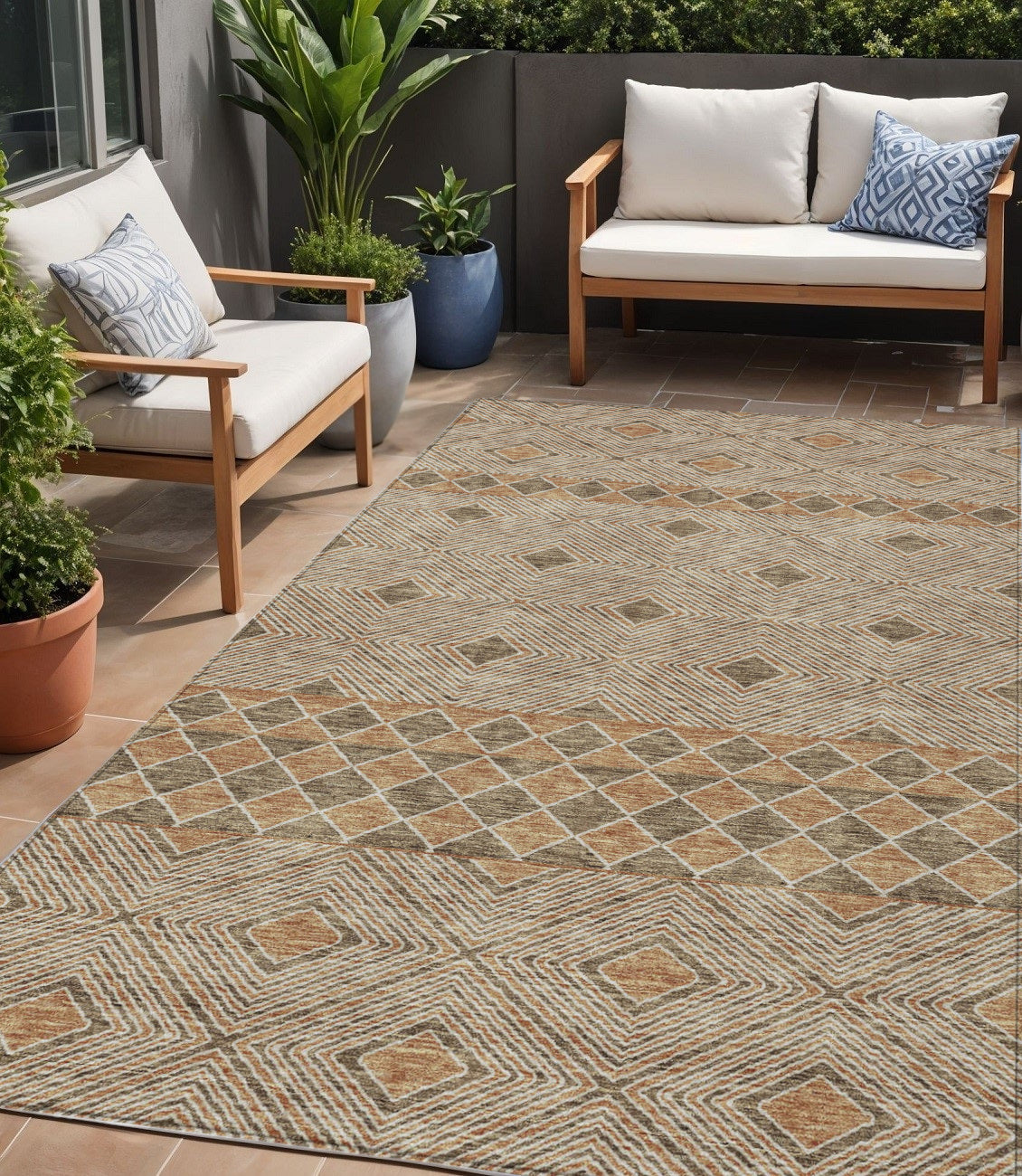 Tabselect Home Line 5' X 8' Brown And Beige Geometric Washable Indoor Outdoor Area Rug
