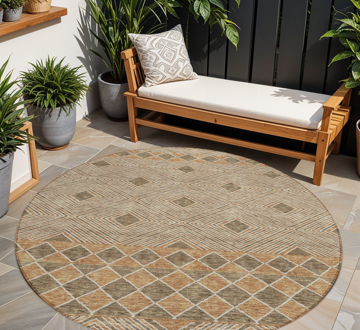 Tabselect Home Line 8' Brown And Beige Round Geometric Washable Indoor Outdoor Area Rug