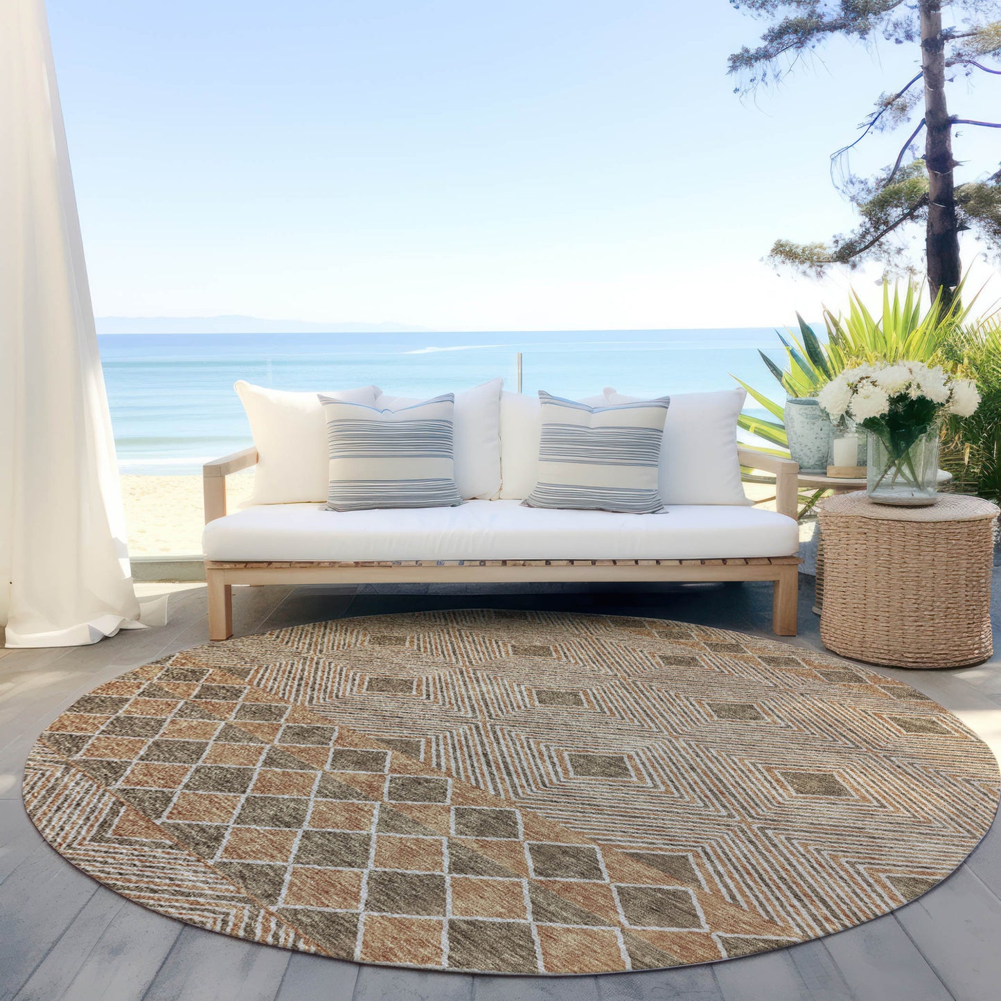 Tabselect Home Line 8' Brown And Beige Round Geometric Washable Indoor Outdoor Area Rug