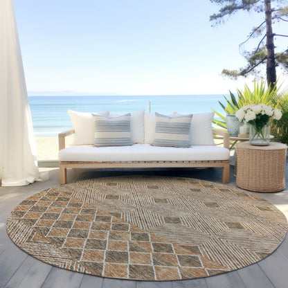 Tabselect Home Line 8' Brown And Beige Round Geometric Washable Indoor Outdoor Area Rug