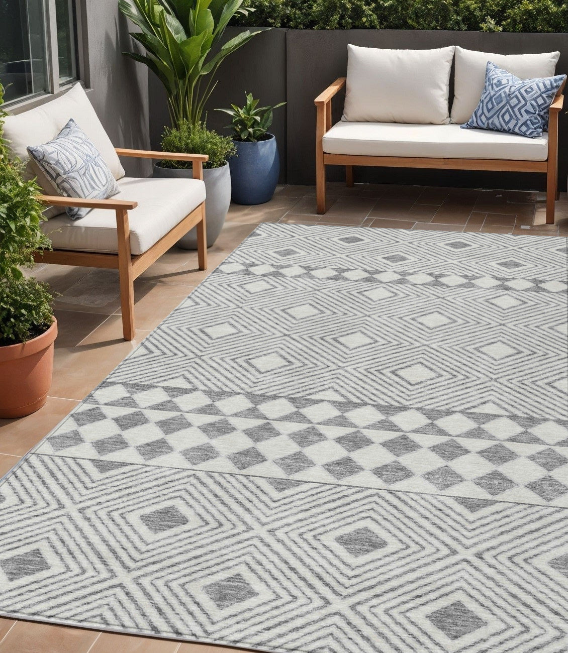 Tabselect Home Line 5' X 8' Gray And Ivory Geometric Washable Indoor Outdoor Area Rug