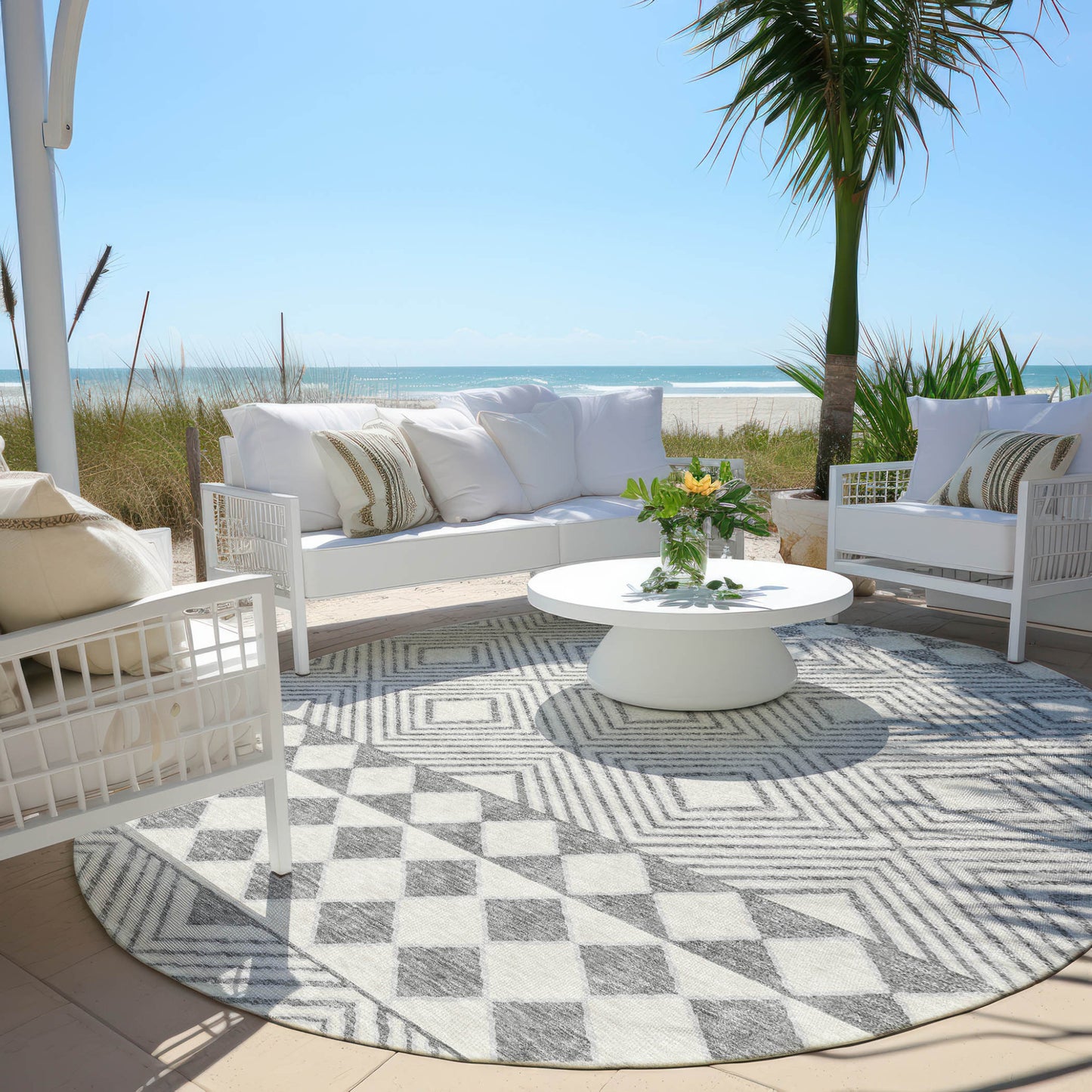 Tabselect Home Line 8' Gray And Ivory Round Geometric Washable Indoor Outdoor Area Rug