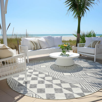 Tabselect Home Line 8' Gray And Ivory Round Geometric Washable Indoor Outdoor Area Rug