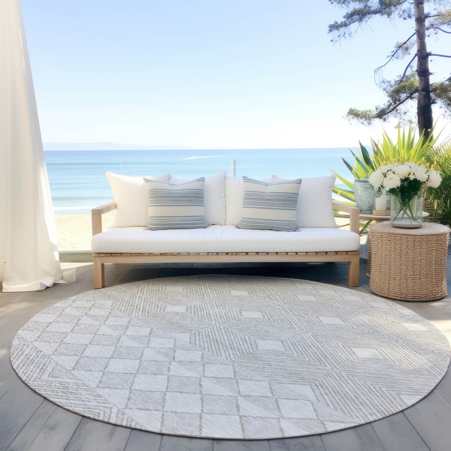 Tabselect Home Line 8' Ivory And Gray Round Geometric Washable Indoor Outdoor Area Rug
