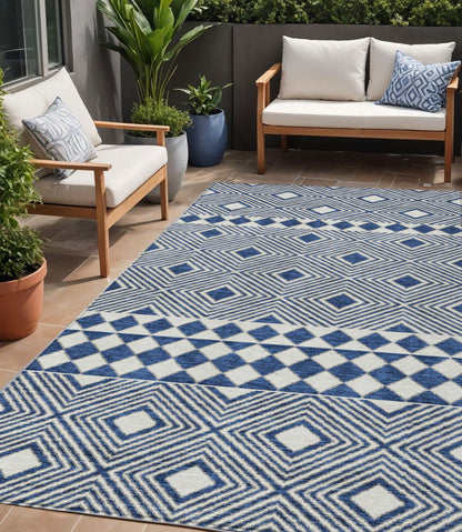 Tabselect Home Line 5' X 8' Navy Blue And Ivory Geometric Washable Indoor Outdoor Area Rug