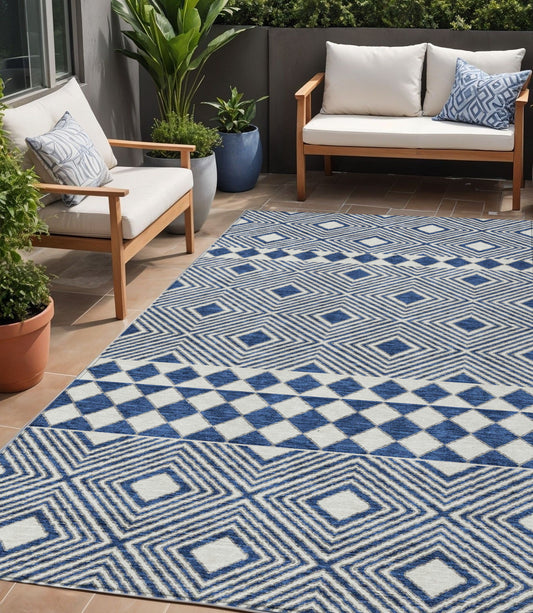 Tabselect Home Line 5' X 8' Navy Blue And Ivory Geometric Washable Indoor Outdoor Area Rug