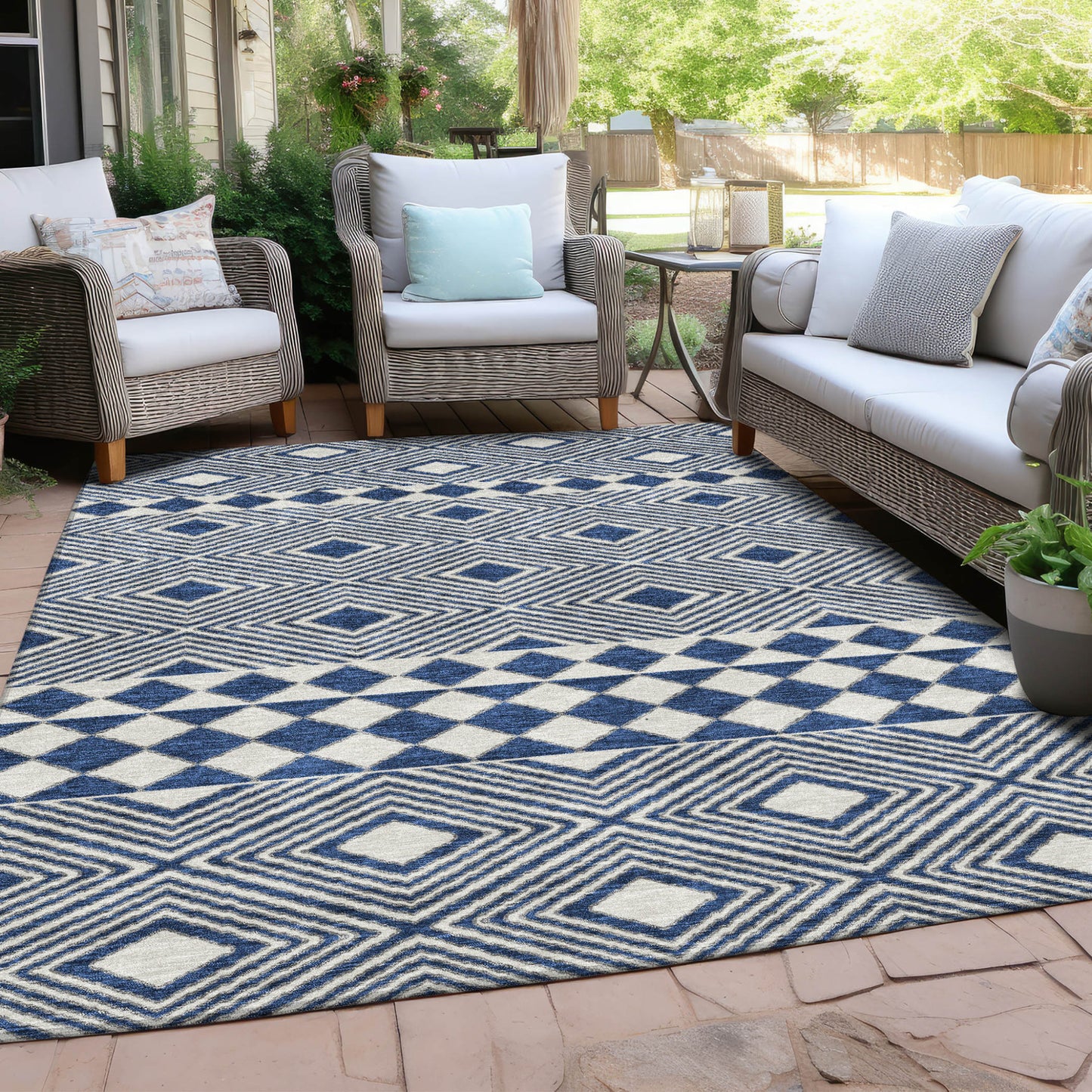 Tabselect Home Line 5' X 8' Navy Blue And Ivory Geometric Washable Indoor Outdoor Area Rug