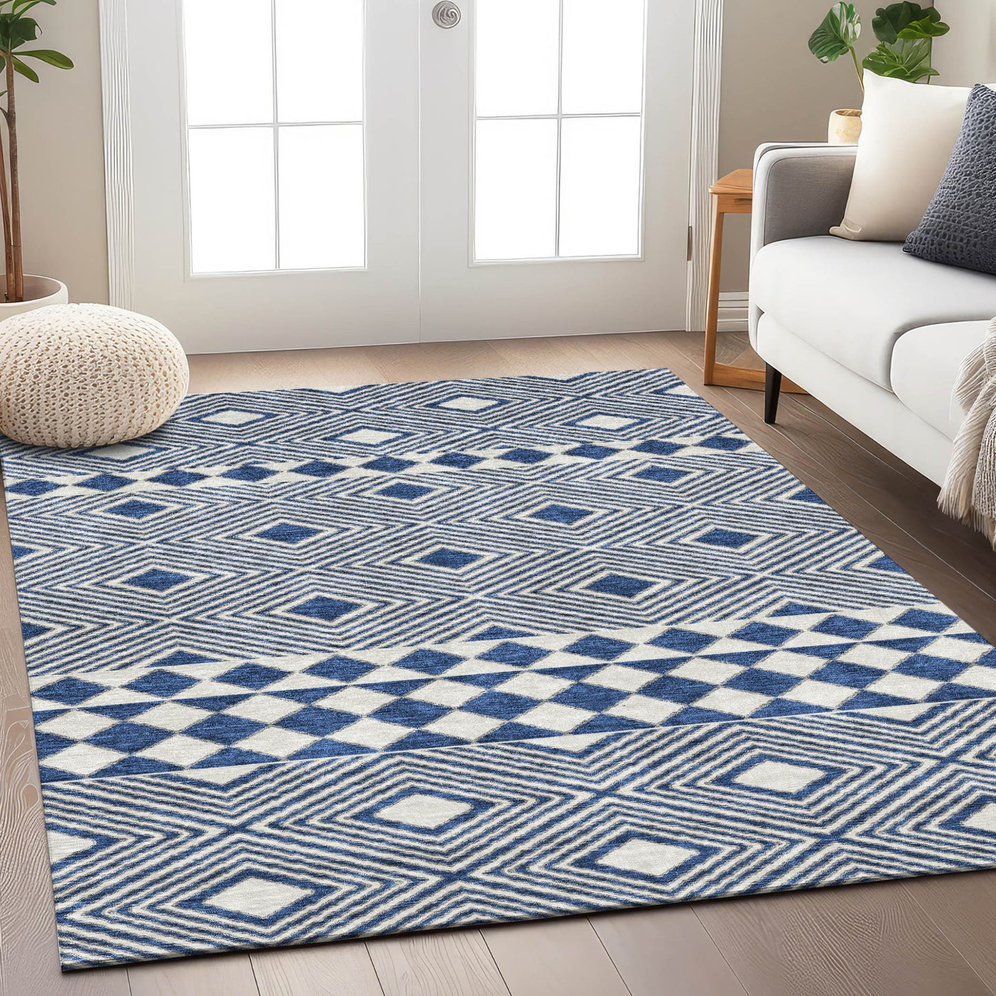 Tabselect Home Line 5' X 8' Navy Blue And Ivory Geometric Washable Indoor Outdoor Area Rug