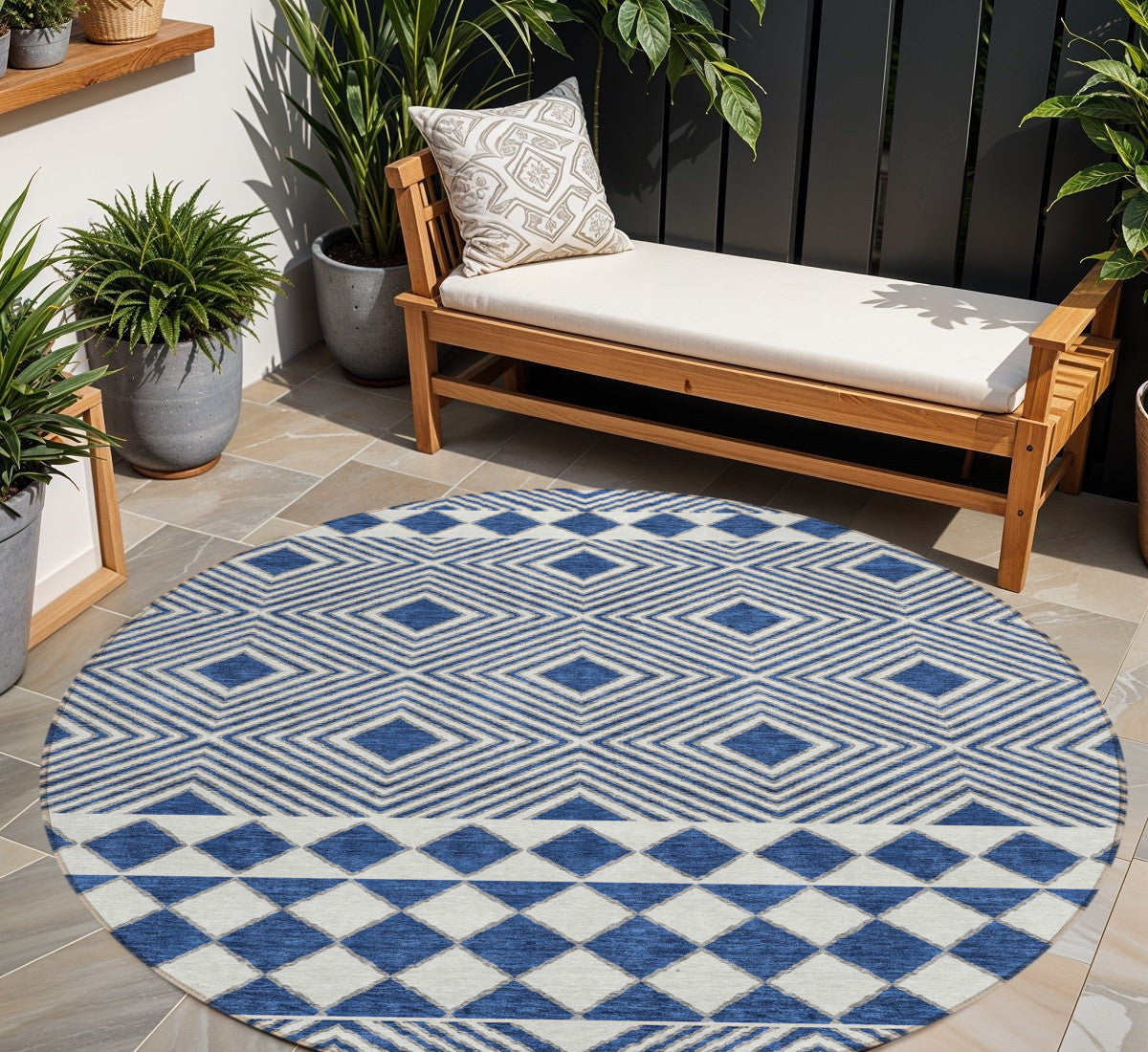 Tabselect Home Line 8' Navy Blue And Ivory Round Geometric Washable Indoor Outdoor Area Rug