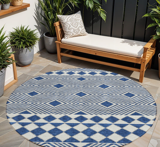 Tabselect Home Line 8' Navy Blue And Ivory Round Geometric Washable Indoor Outdoor Area Rug