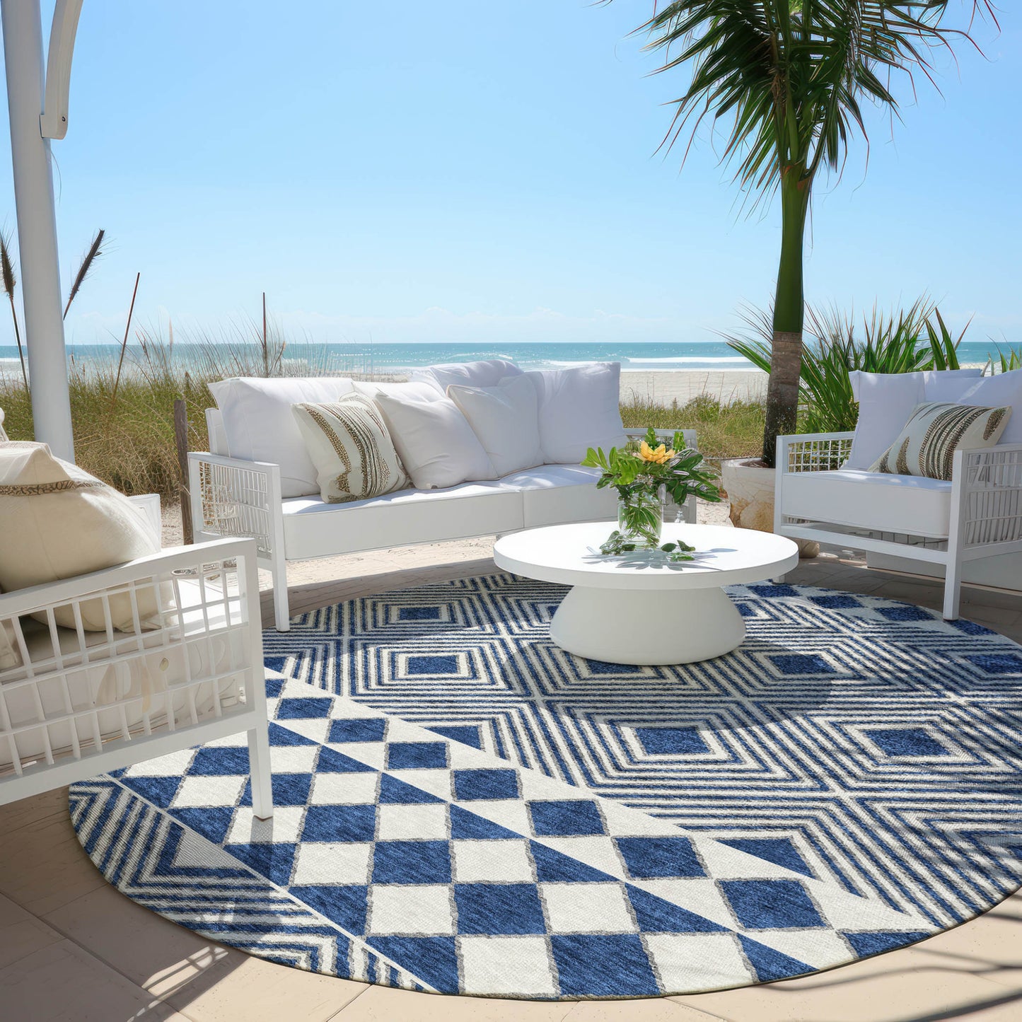 Tabselect Home Line 8' Navy Blue And Ivory Round Geometric Washable Indoor Outdoor Area Rug