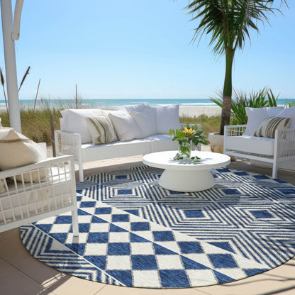 Tabselect Home Line 8' Navy Blue And Ivory Round Geometric Washable Indoor Outdoor Area Rug