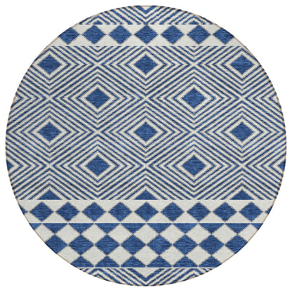 Tabselect Home Line 8' Navy Blue And Ivory Round Geometric Washable Indoor Outdoor Area Rug