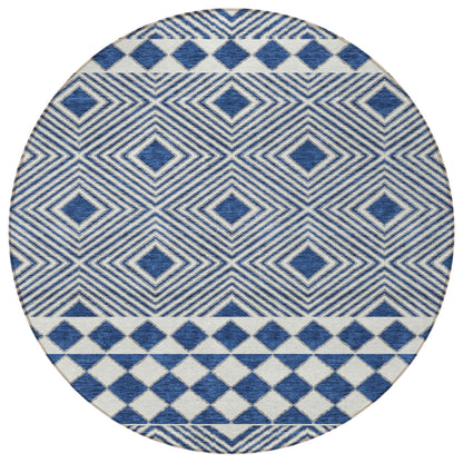 Tabselect Home Line 8' Navy Blue And Ivory Round Geometric Washable Indoor Outdoor Area Rug