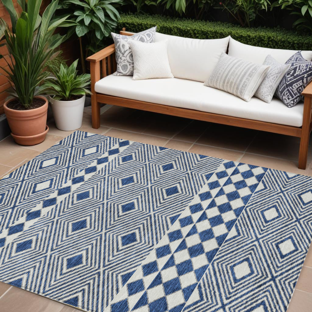 Tabselect Home Line 8' X 10' Navy Blue And Ivory Geometric Washable Indoor Outdoor Area Rug