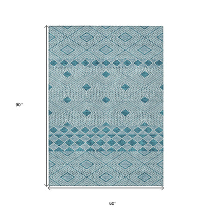 Tabselect Home Line 5' X 8' Teal Blue And Aqua Geometric Washable Indoor Outdoor Area Rug