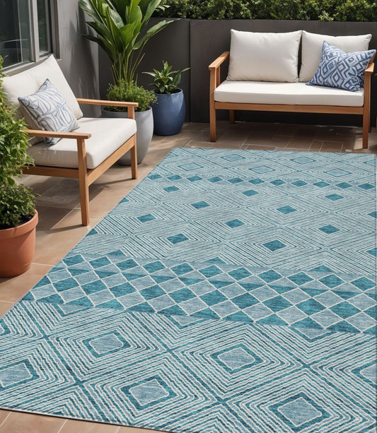 Tabselect Home Line 5' X 8' Teal Blue And Aqua Geometric Washable Indoor Outdoor Area Rug
