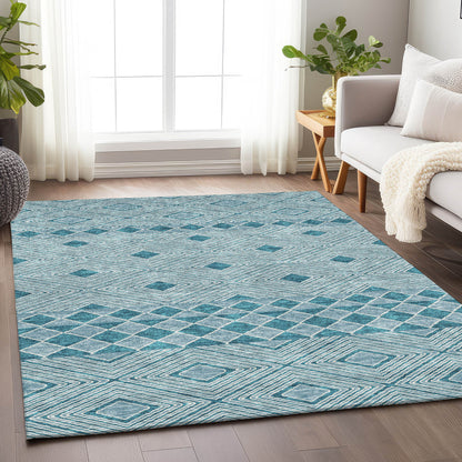 Tabselect Home Line 5' X 8' Teal Blue And Aqua Geometric Washable Indoor Outdoor Area Rug