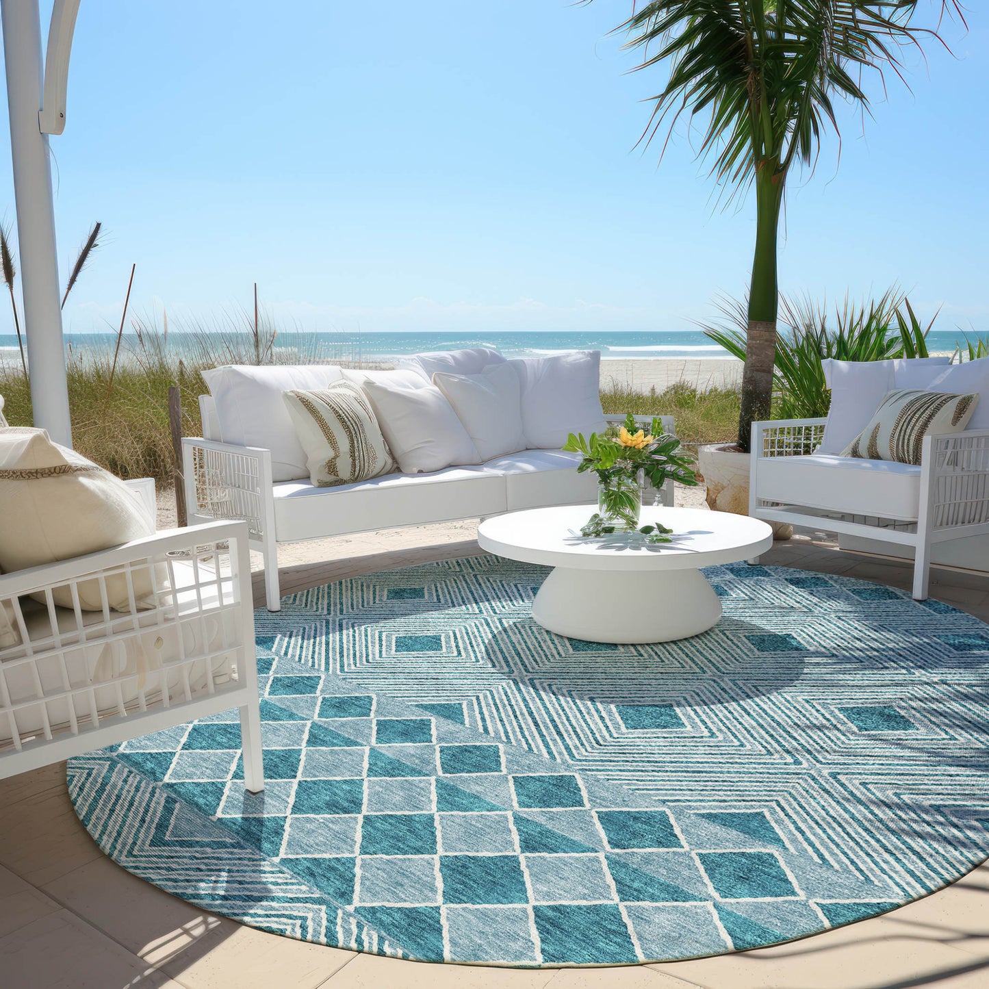 Tabselect Home Line 8' Teal Blue And Aqua Round Geometric Washable Indoor Outdoor Area Rug