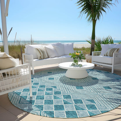 Tabselect Home Line 8' Teal Blue And Aqua Round Geometric Washable Indoor Outdoor Area Rug
