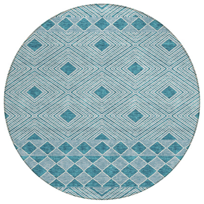 Tabselect Home Line 8' Teal Blue And Aqua Round Geometric Washable Indoor Outdoor Area Rug
