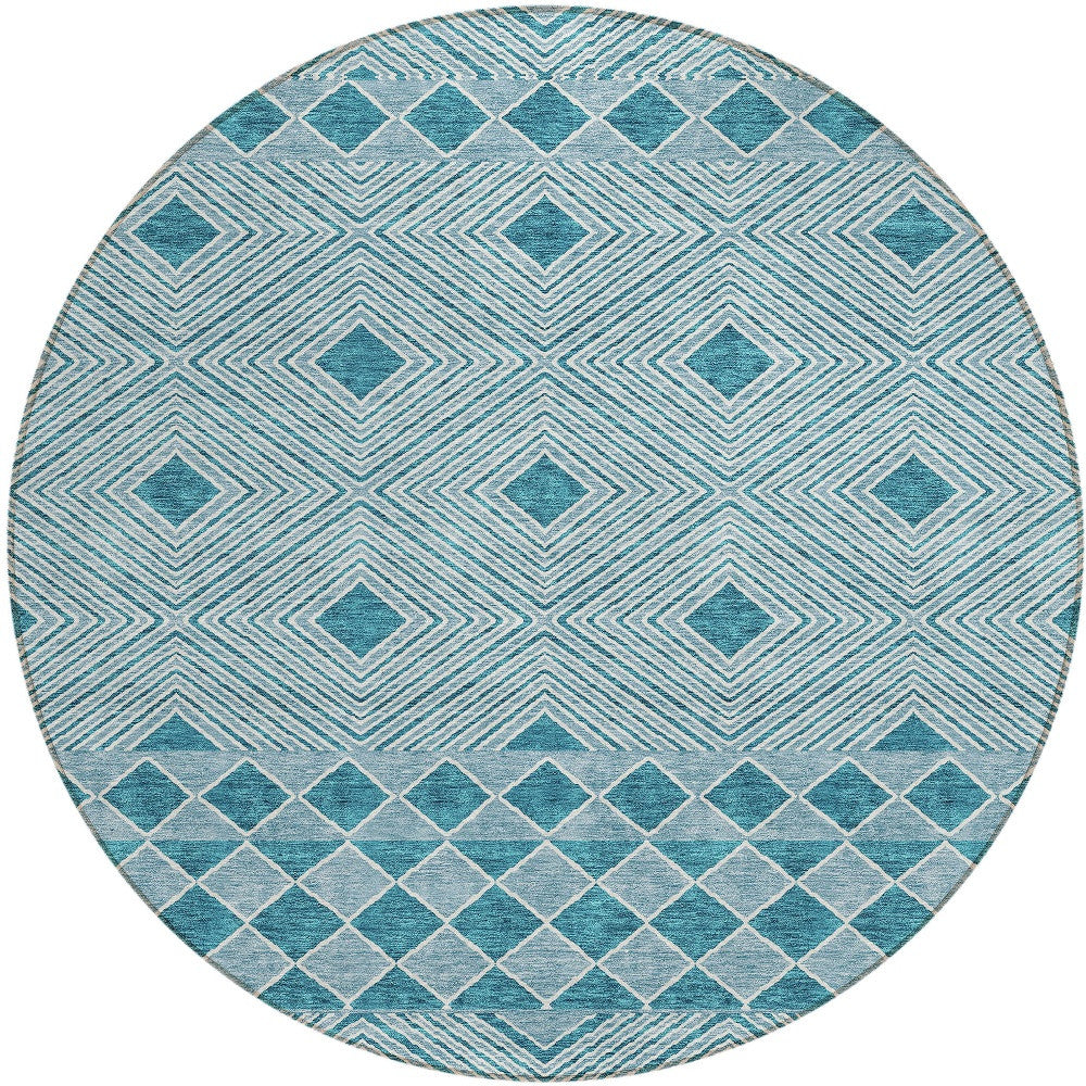 Tabselect Home Line 8' Teal Blue And Aqua Round Geometric Washable Indoor Outdoor Area Rug