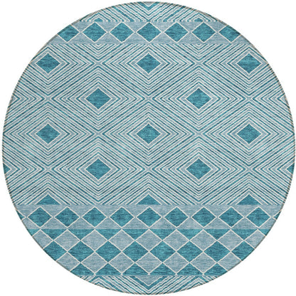 Tabselect Home Line 8' Teal Blue And Aqua Round Geometric Washable Indoor Outdoor Area Rug