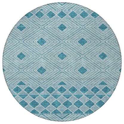 Tabselect Home Line 8' Teal Blue And Aqua Round Geometric Washable Indoor Outdoor Area Rug