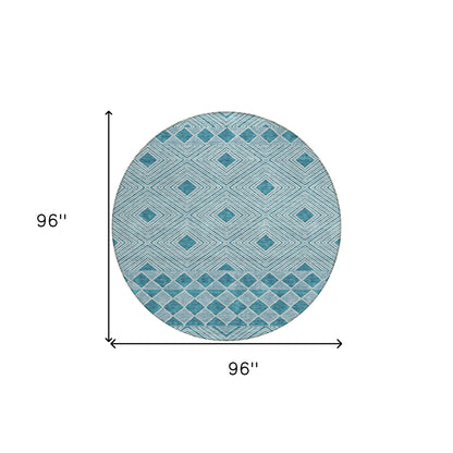 Tabselect Home Line 8' Teal Blue And Aqua Round Geometric Washable Indoor Outdoor Area Rug