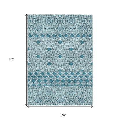 Tabselect Home Line 8' X 10' Teal Blue And Aqua Geometric Washable Indoor Outdoor Area Rug