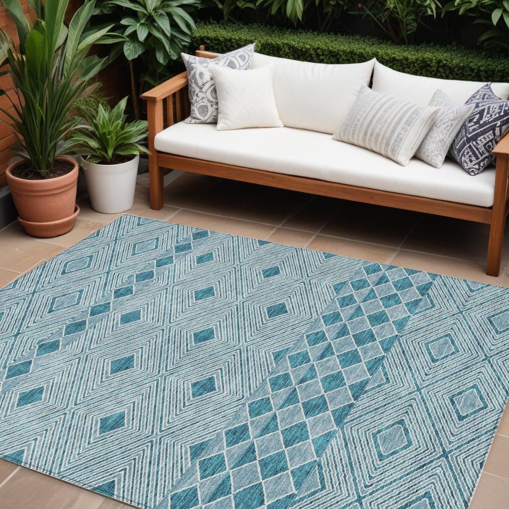 Tabselect Home Line 8' X 10' Teal Blue And Aqua Geometric Washable Indoor Outdoor Area Rug