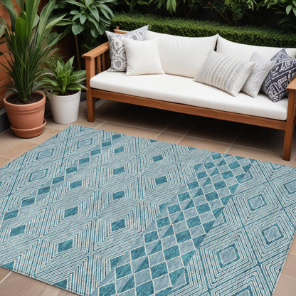 Tabselect Home Line 8' X 10' Teal Blue And Aqua Geometric Washable Indoor Outdoor Area Rug