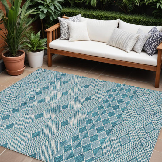 Tabselect Home Line 8' X 10' Teal Blue And Aqua Geometric Washable Indoor Outdoor Area Rug