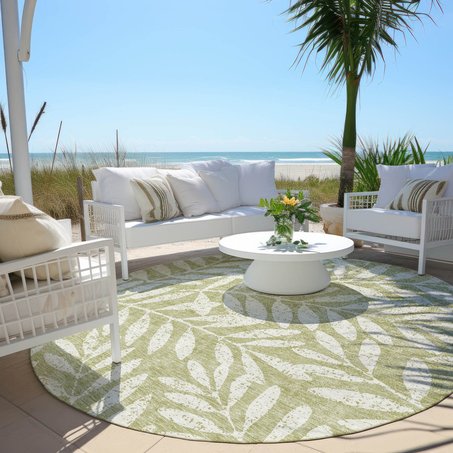 Tabselect Home Line 8' Artichoke Green And Ivory Round Floral Washable Indoor Outdoor Area Rug