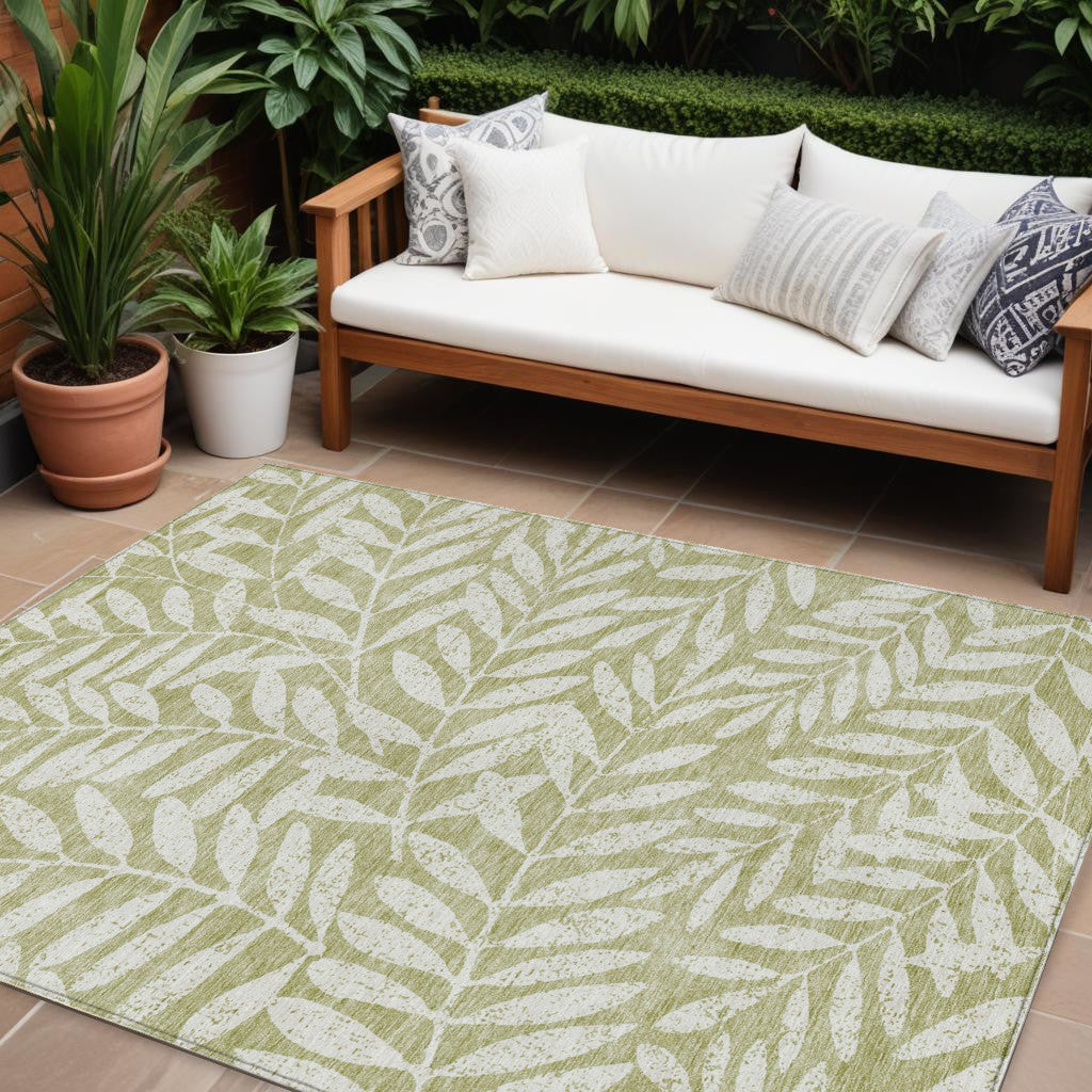 Tabselect Home Line 9' X 12' Artichoke Green And Ivory Floral Washable Indoor Outdoor Area Rug