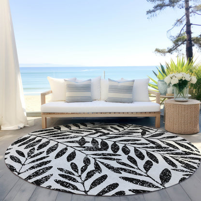 Tabselect Home Line 8' Black And Ivory Round Floral Washable Indoor Outdoor Area Rug