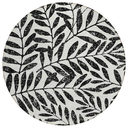 Tabselect Home Line 8' Black And Ivory Round Floral Washable Indoor Outdoor Area Rug