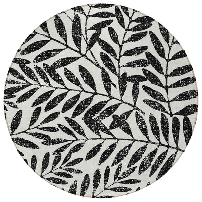 Tabselect Home Line 8' Black And Ivory Round Floral Washable Indoor Outdoor Area Rug