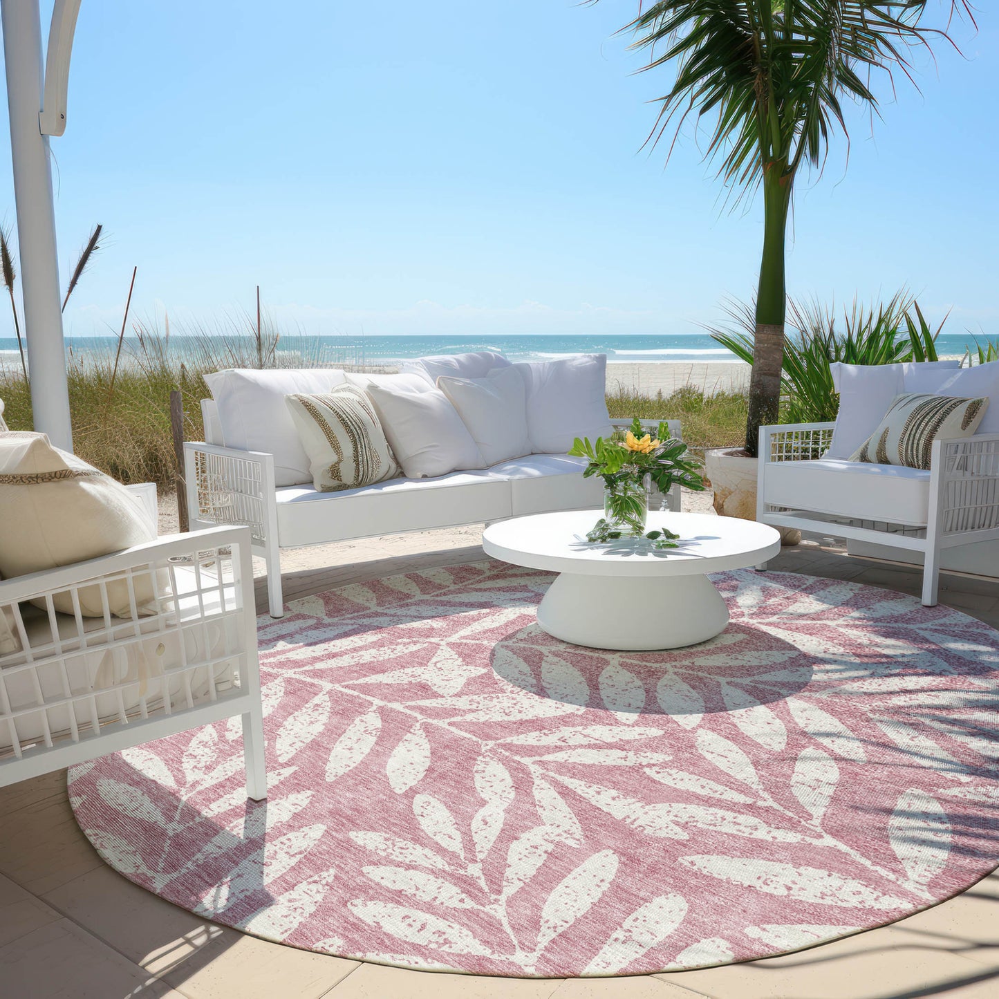 Tabselect Home Line 8' Blush And Ivory Round Floral Washable Indoor Outdoor Area Rug