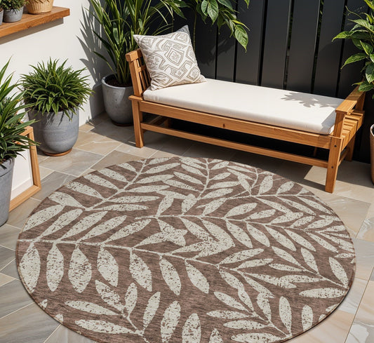 Tabselect Home Line 8' Brown And Beige Round Floral Washable Indoor Outdoor Area Rug