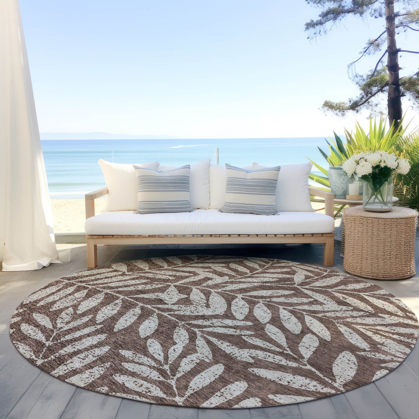 Tabselect Home Line 8' Brown And Beige Round Floral Washable Indoor Outdoor Area Rug