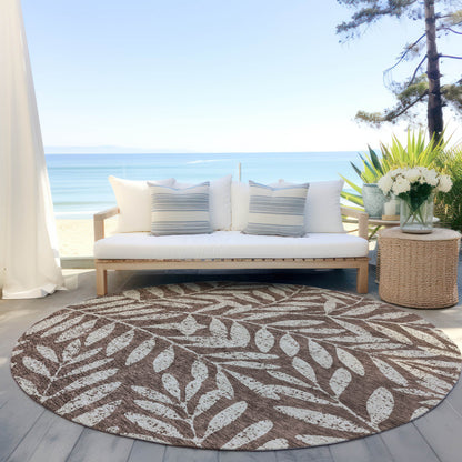 Tabselect Home Line 8' Brown And Beige Round Floral Washable Indoor Outdoor Area Rug