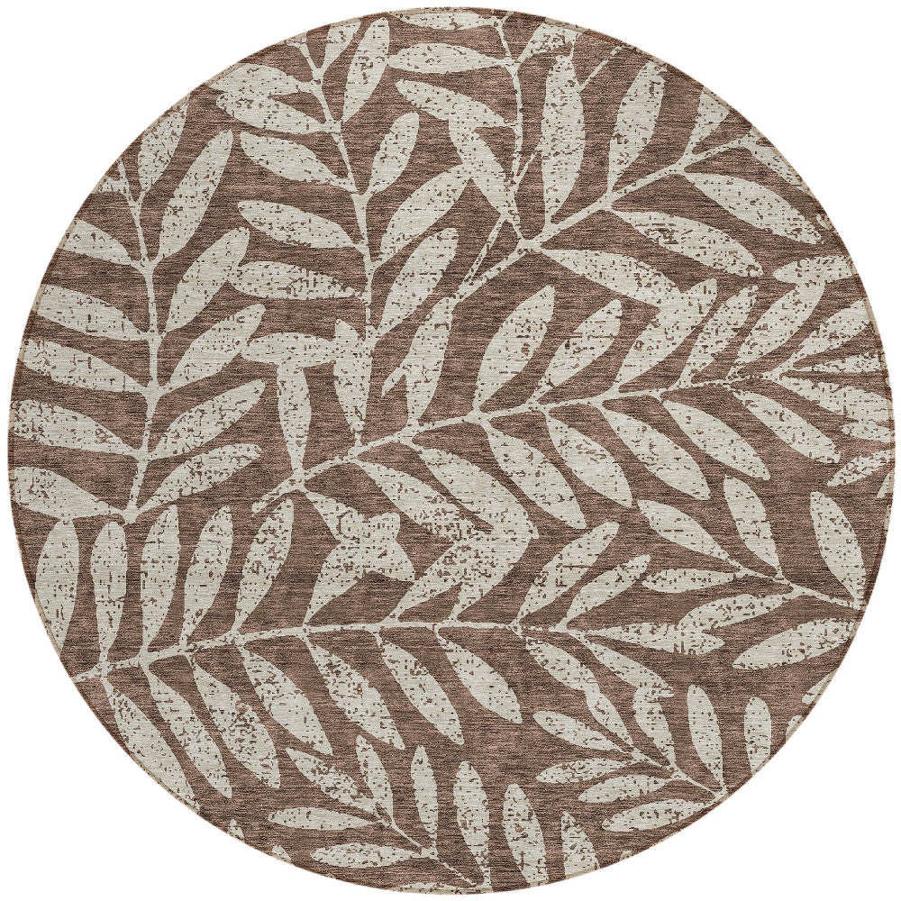 Tabselect Home Line 8' Brown And Beige Round Floral Washable Indoor Outdoor Area Rug