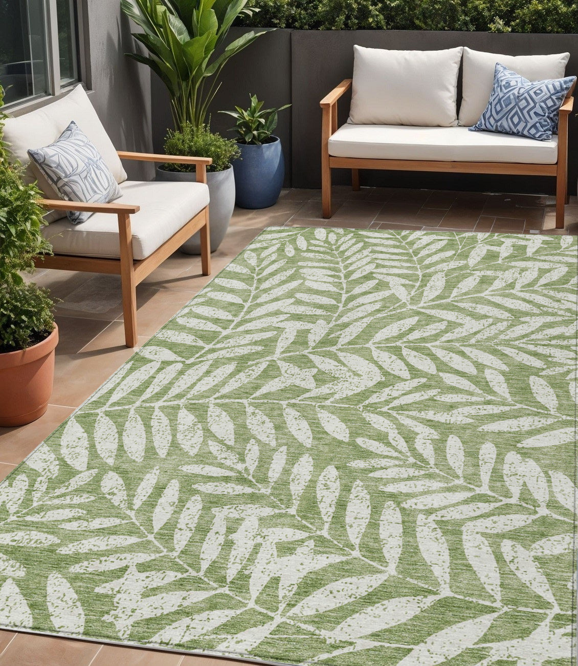 Tabselect Home Line 5' X 8' Green And Ivory Floral Washable Indoor Outdoor Area Rug